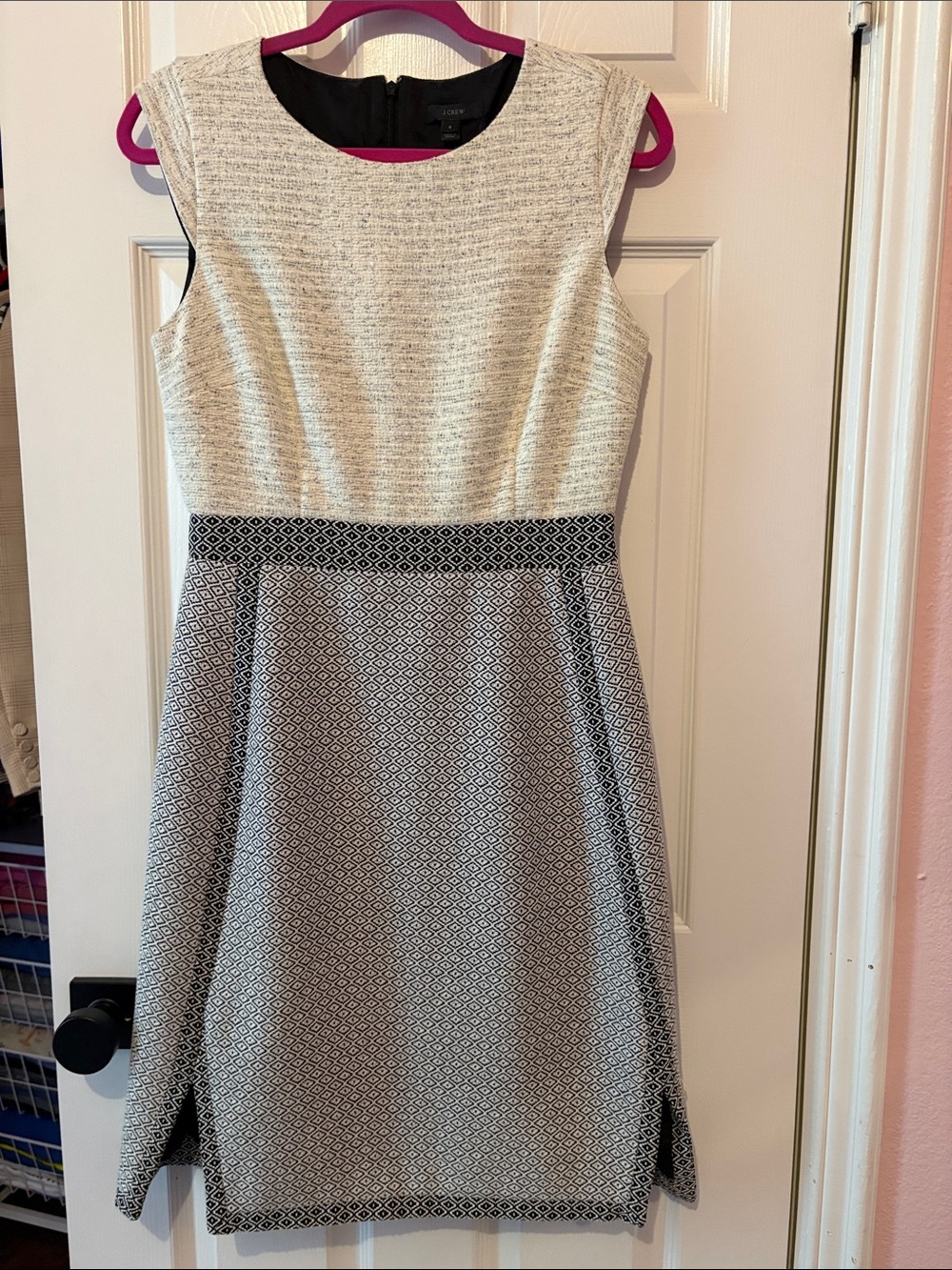 Sleeveless Ivory and Black Patterned Fit-and-Flare Dress Style C7490